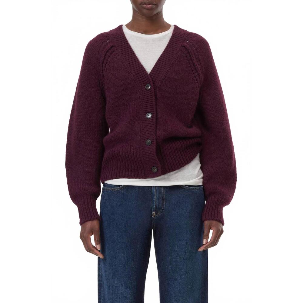 NEW CLOSED chunky knit waisted cardigan in dark raisin red
